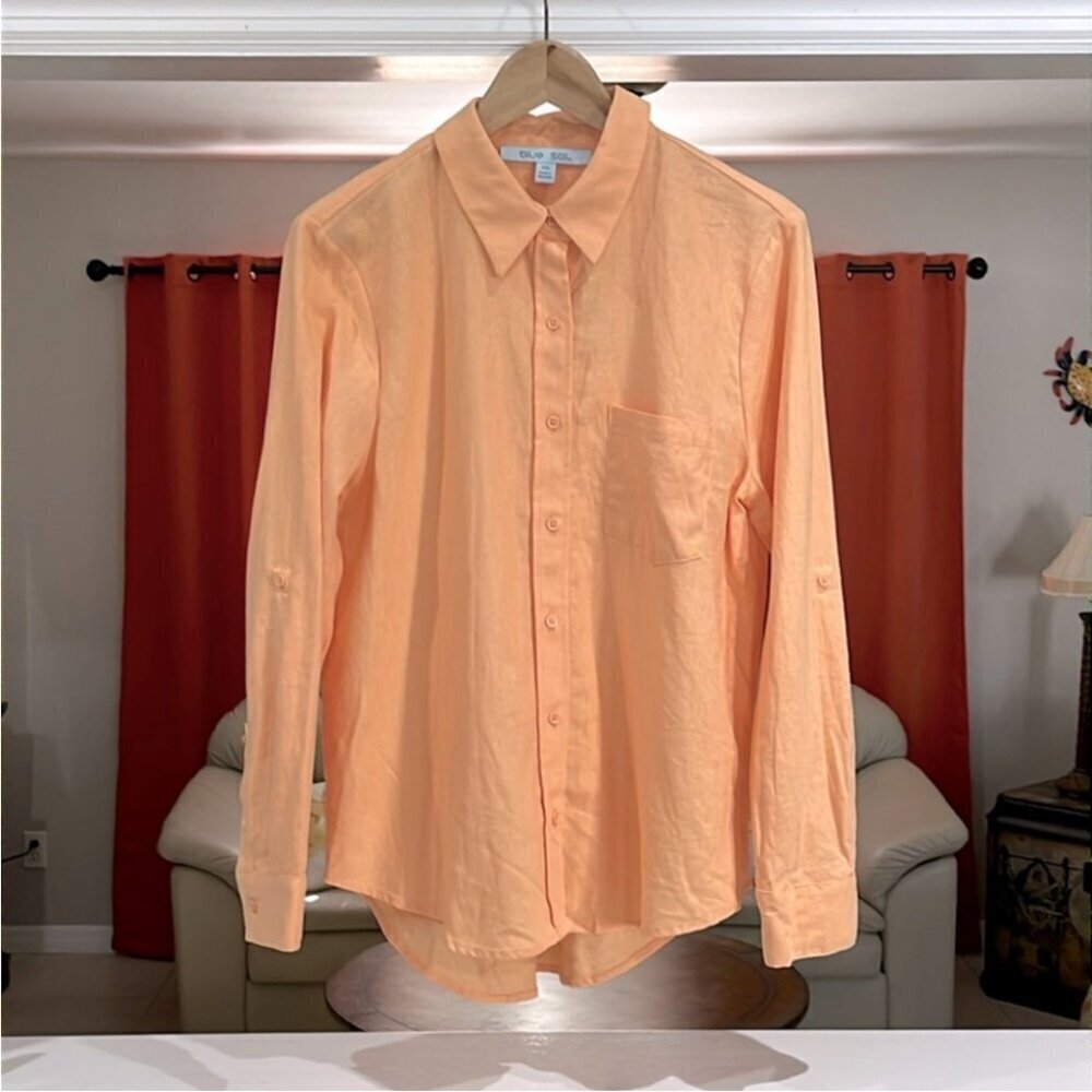 Blue Sol Womens Linen Rayon Solid Button Down Roll Tab Sleeve Top Sz M Peach NWT